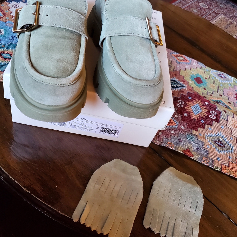 Geox Women's Sage Green Suede Fringe Loafers with Gold Buckle - Picture 2 of 6